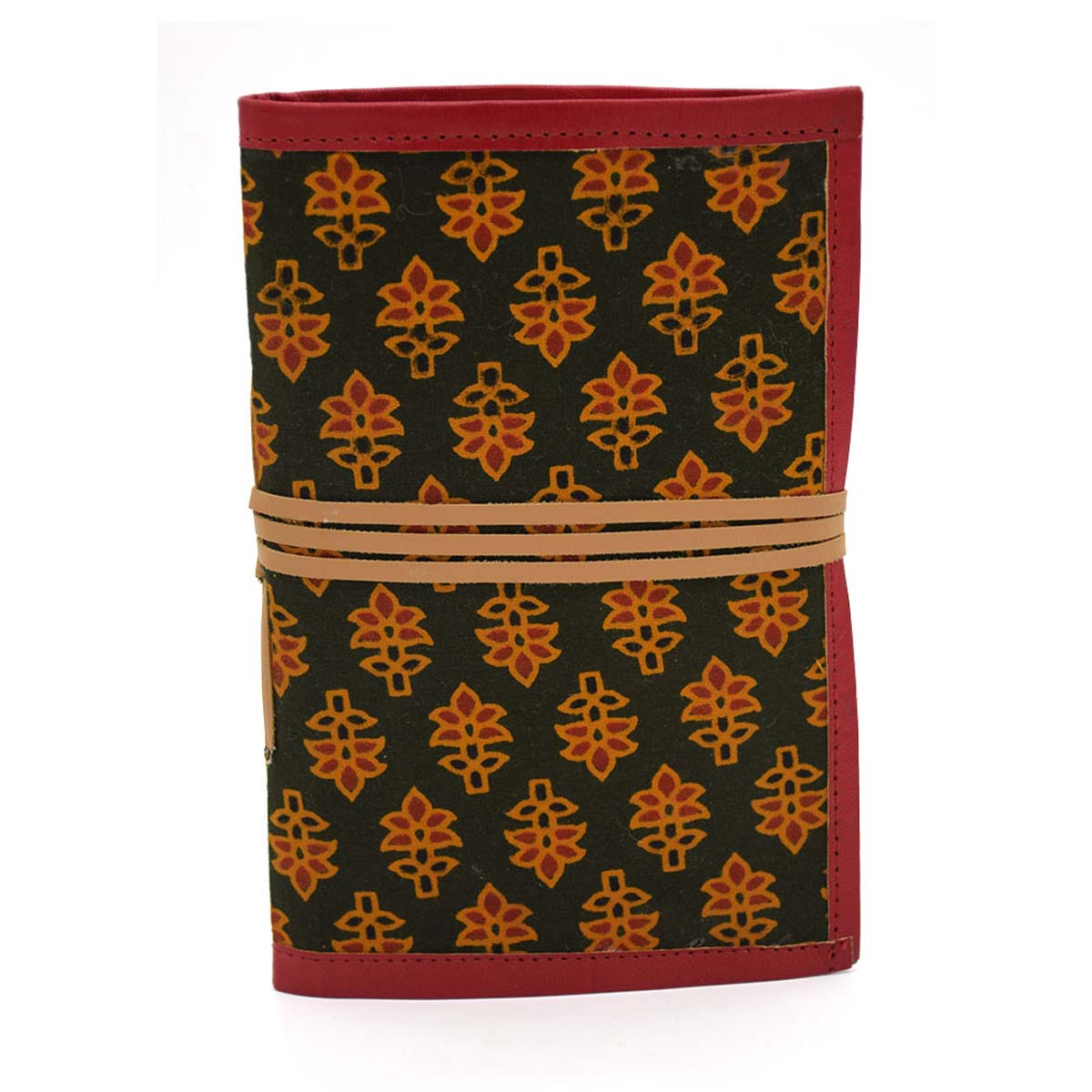 Journals in Bulk – Red & Black Cotton Cover with Floral Motifs – Handmade Paper – Leather Trimmings – Wholesale Notebooks/Diaries/Sketchbooks